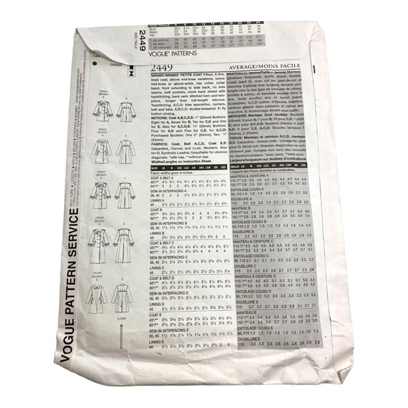 Vogue 2449 Misses' Fitted, A-Line Coat Misses' Size 6-8-10 Uncut Sewing … - Picture 4 of 7